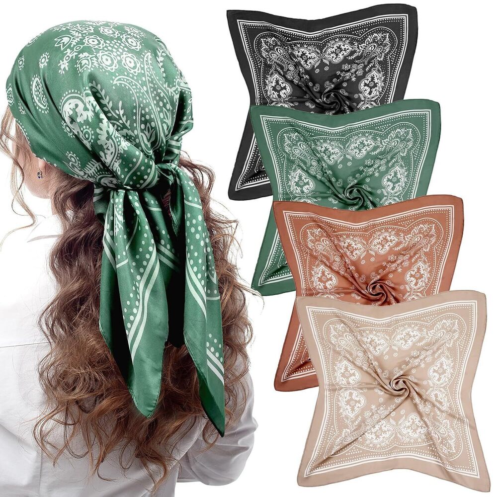 4 Pcs 27'' Square Satin Bandanas for Women, Paisley Head Scarves Neck
